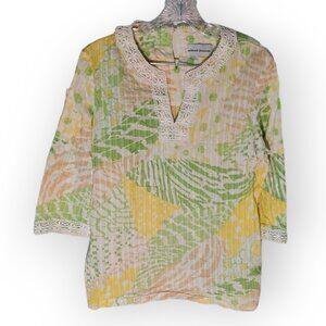ALFRED DUNNER Women's Blouse Shirt Top Green Yellow Floral 3/4 Sleeve Size M 12